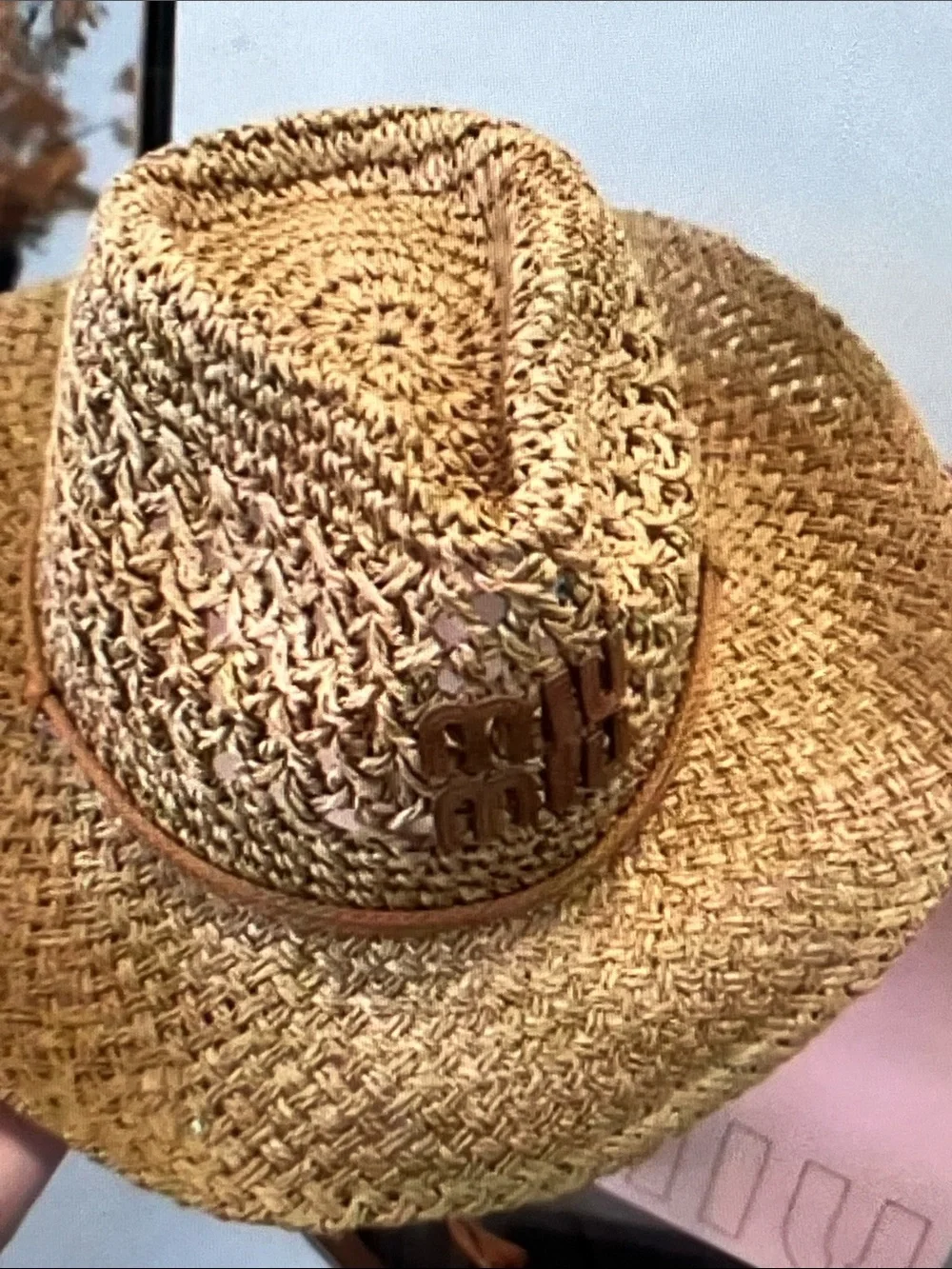 Miu Miu Tan Braided Straw Cowboy Hat with Logo Plaque